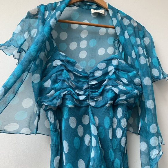 Y2K Silk Midi Dress Fits UK 12 Bias Cut Sleeveless Party With Cover Up Teal Spot - Picture 10 of 12